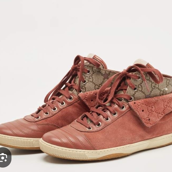 Gucci Shoes - Gucci Logo Leather Suede Lace-Up High-Top Sneakers Mauve Brown Size 6